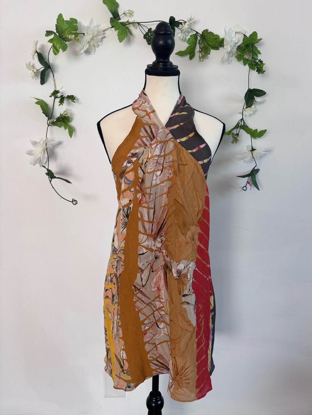 Flowy Halter-Neck Patchwork Print Mini Dress in Brown, Red & Pink Vacation Dress